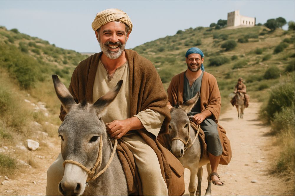 Donkey trekking on scenic trails with two men riding donkeys in biblical style with hills and ruins in the background.