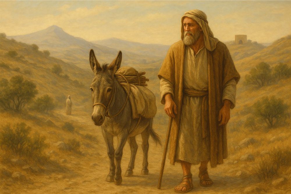 Biblical donkey walk, man in Bible-era clothing leads a loaded donkey along a dry mountain trail.