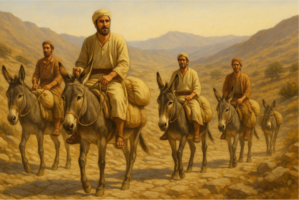 Donkey riding on ancient trails as four men in biblical clothing ride loaded donkeys through desert hills.
