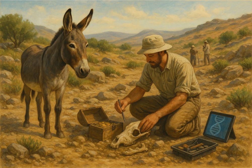 Archaeologist studies remains of a biblical donkey with artifacts nearby uncovering Bible-era transport history.