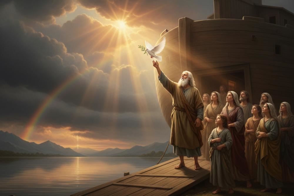 Noah releases a carrier pigeon with olive branch under sunrays and rainbow.