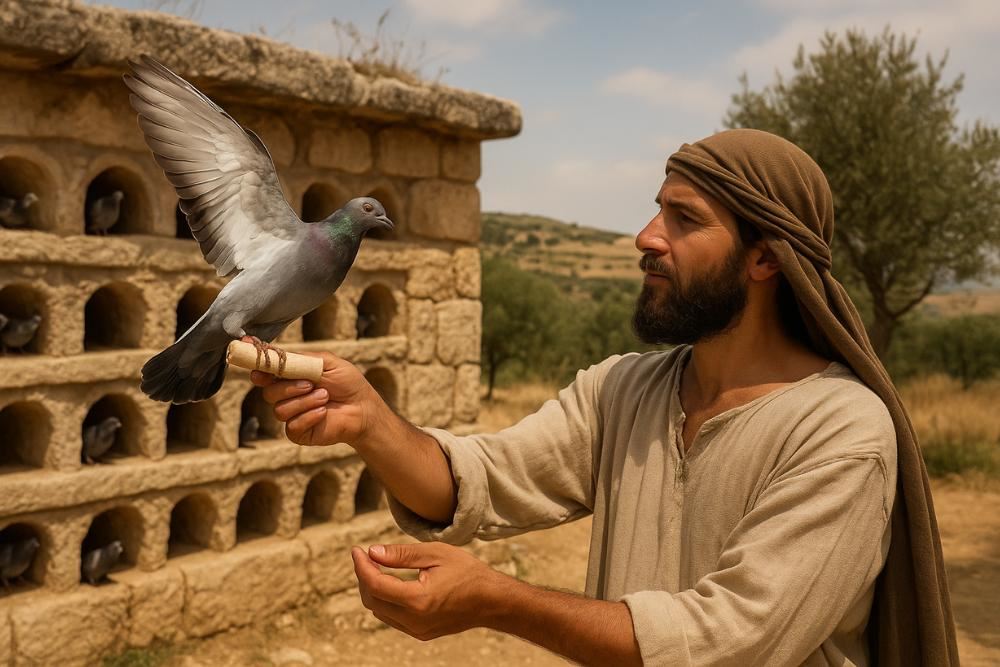 Man releases carrier pigeon with a message scroll