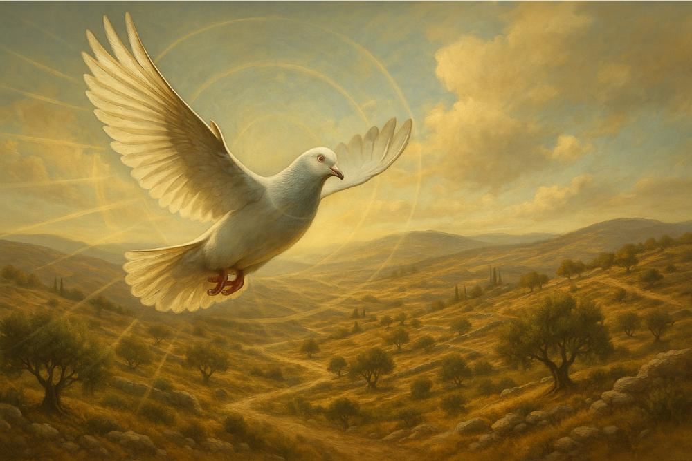 Carrier pigeon flying over ancient Israelite landscape with sunlit hills and olive trees