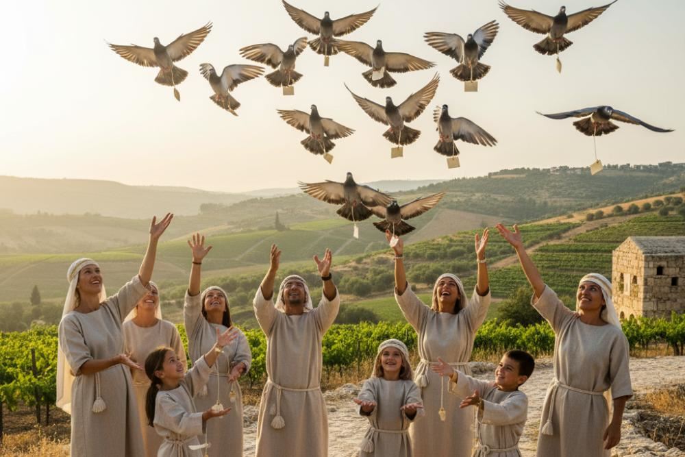 Group releasing carrier pigeons with message scrolls in biblical reenactment
